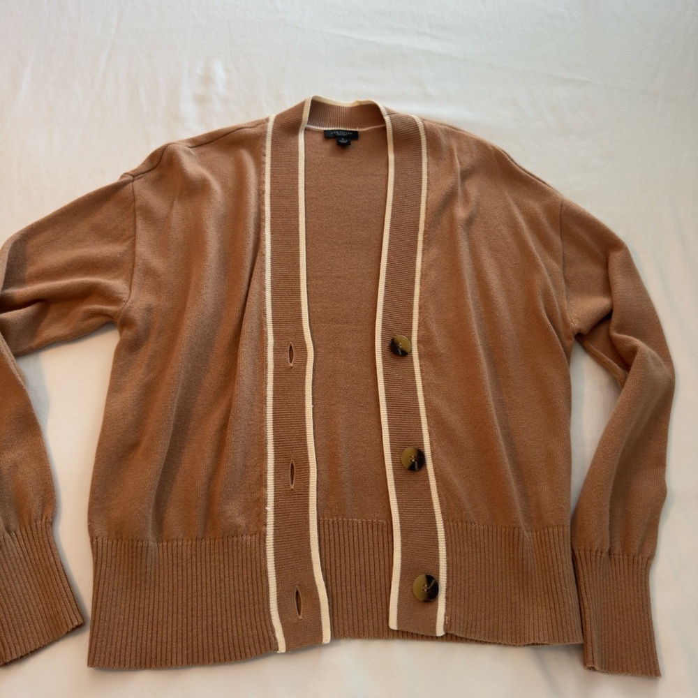 Ann Taylor Tan Cardigan with Cream Stripes